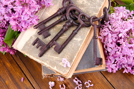 Beautiful composition with old keys and old books on wooden backgroundの写真素材