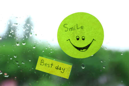 Sticker on wet windowの写真素材