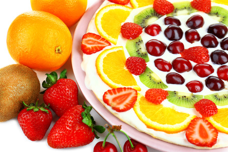 Homemade sweet pizza with fruits, close upの写真素材