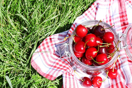 Sweet ripe cherries in glass jar, on napkin, on green grass backgroundの写真素材