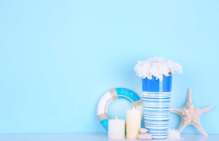 Composition of marine items on blue backgroundの写真素材