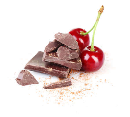 Cherries and chopped chocolate isolated on whiteの写真素材