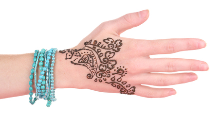 Hand painted with henna, isolated on whiteの写真素材