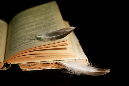Feather lying on pages of  open book, isolated on blackの写真素材