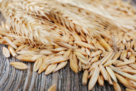 Rye grains and ears on table, close-up の写真素材