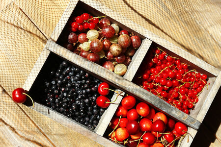 Fresh berries in wooden box, close up