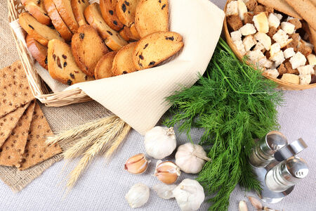 Homemade croutons on table in kitchen, close upの写真素材