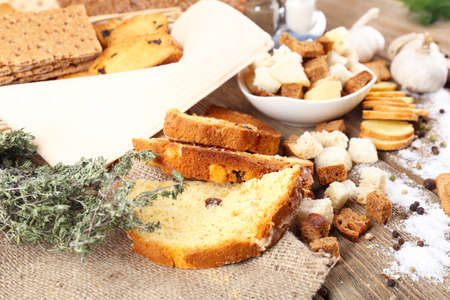 Homemade croutons on table in kitchen, close up
