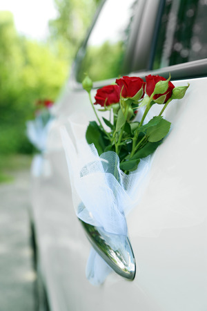 Wedding car decorated with flowersの写真素材