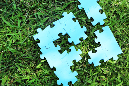 Puzzle pieces on green grass background. Green space conceptの写真素材