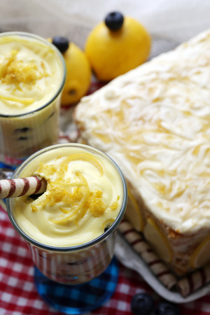 Tasty lemon cake on table, closeupの写真素材