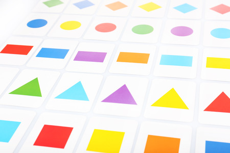 Educational cards with color geometric shapes, close upの写真素材