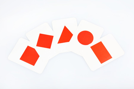 Educational cards with color geometric shapes, isolated on whiteの写真素材