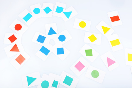 Educational cards with color geometric shapes, close upの写真素材