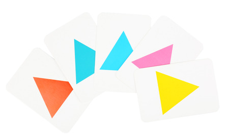 Educational cards with color geometric shapes, isolated on whiteの写真素材