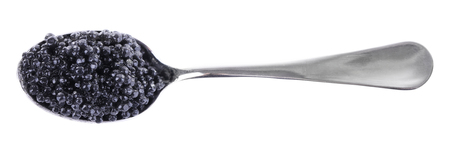 Black caviar in spoon isolated on whiteの写真素材
