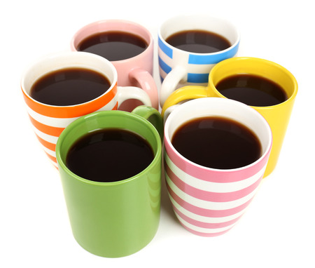 Many cups of coffee isolated on whiteの写真素材