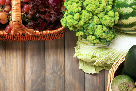 Fresh organic vegetables on wooden table, close upの写真素材
