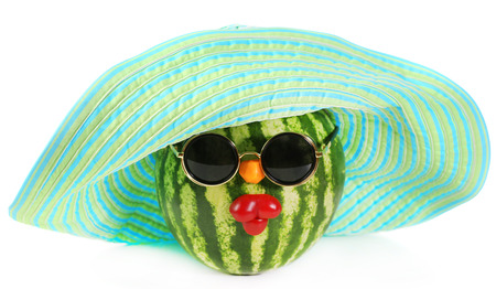 Creative watermelon in hat isolated on whiteの写真素材