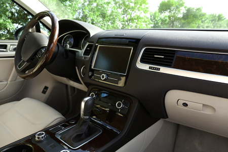 Modern car interior. Steering wheel, close-up