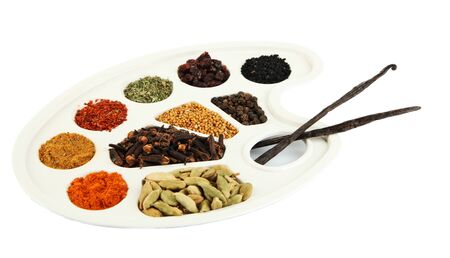 Painting palette with various spices and herbs, isolated on whiteの写真素材