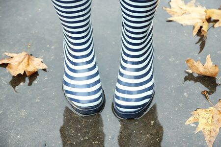 Woman in Boots on rainy autumn day.の写真素材