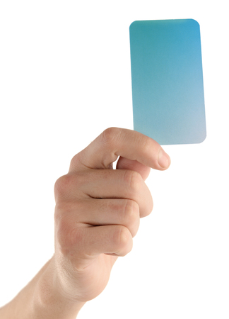 Man hand hold card isolated on whiteの写真素材