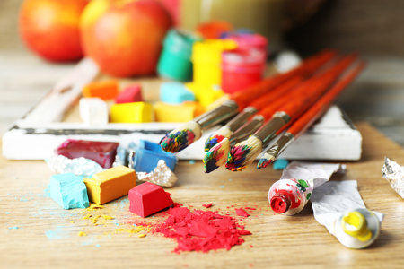 Beautiful still life with professional art materials, close upの写真素材