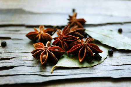 Star anise on dark wooden background, close-upの写真素材
