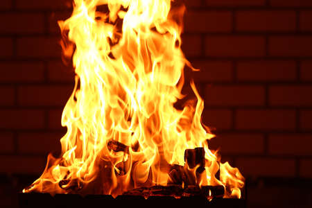 Bonfire at night on brick wall backgroundの写真素材