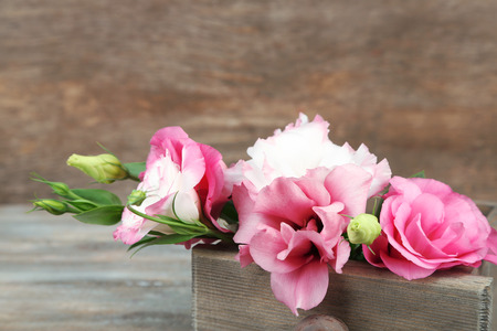 Beautiful eustoma flowers in box on wooden backgroundの写真素材