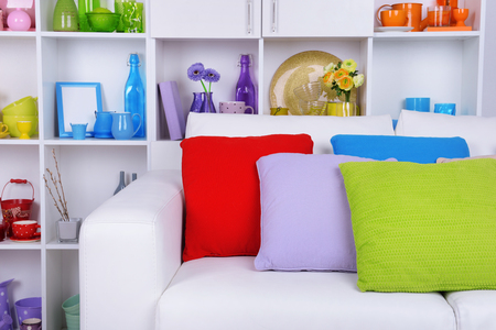 Modern interior design. White living room with sofa and bookcaseの写真素材