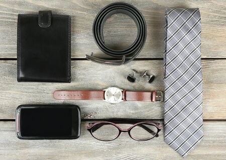Essentials fashion man objects on wooden backgroundの写真素材