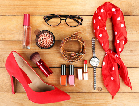 Essentials fashion woman objects on wooden backgroundの写真素材