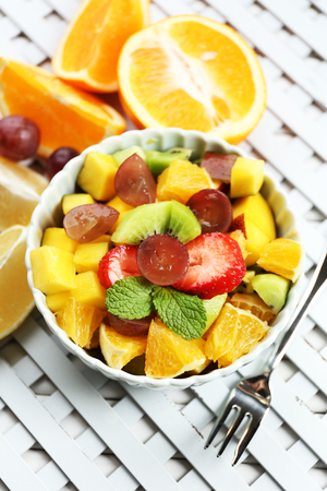 Fruit salad on tableの写真素材