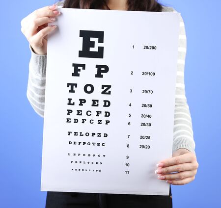 Health care, medicine and vision concept - woman with eye chart