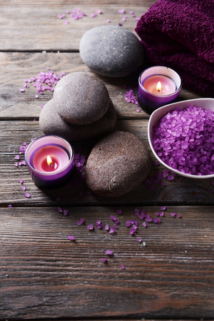 Composition of spa treatment on wooden backgroundの写真素材