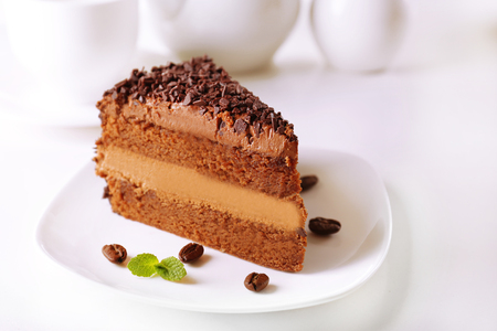 Delicious chocolate cake on plate on table on light backgroundの写真素材