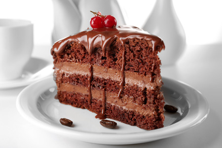 Delicious chocolate cake on plate on table on light backgroundの写真素材