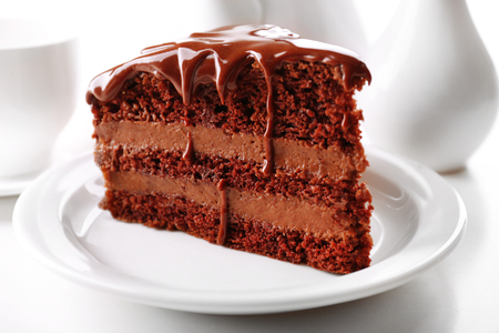 Delicious chocolate cake on plate on table on light backgroundの写真素材