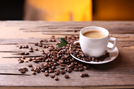 Cup of coffee on wooden tableの写真素材