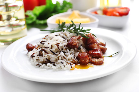 Tasty rice with meat served on table, close-upの写真素材
