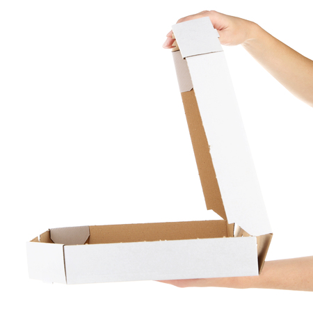 Hands holding cardboard pizza box, isolated on white
