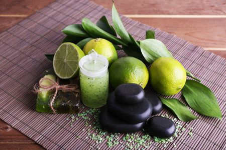 Spa still life on bamboo mat and wooden table backgroundの写真素材