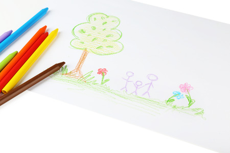 Drawing made by child with colorful pencils, closeup view