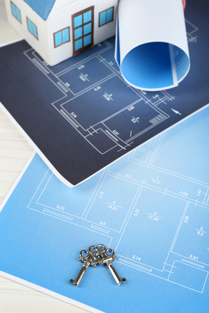 Key on house plan close-upの写真素材