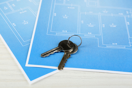 Key on house plan close-upの写真素材