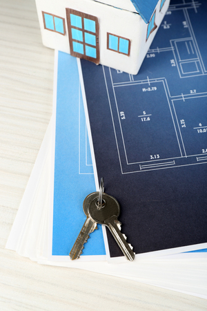 Key on house plan close-upの写真素材