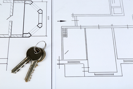 Key on house plan close-upの写真素材