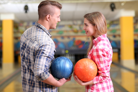 Portrait of friends in bowling clubの写真素材